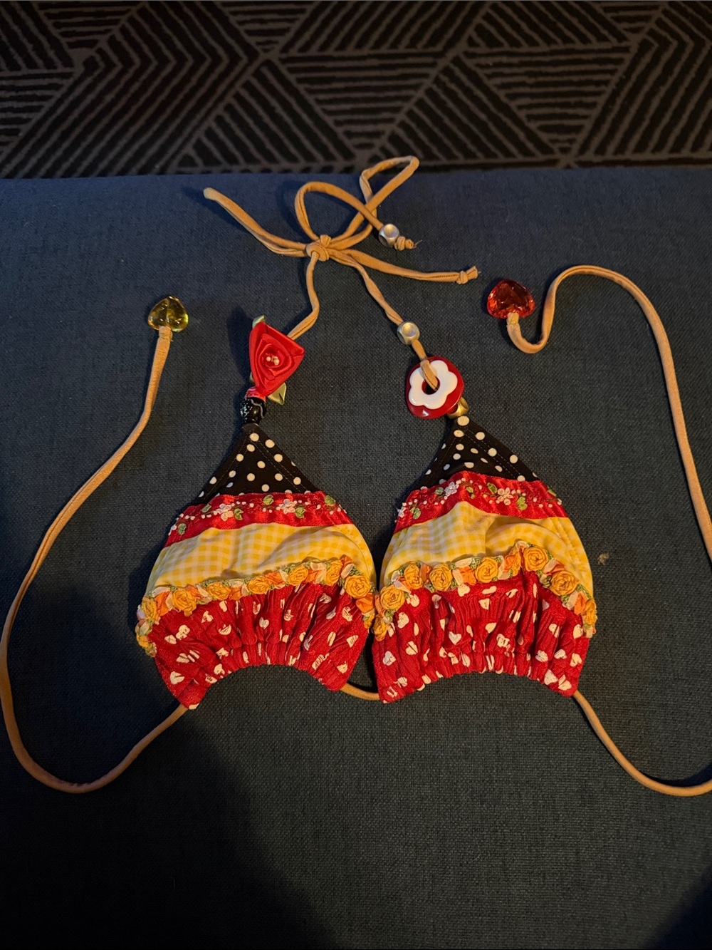 Patchwork Floral Triangle Bikini Top, with bead and other details